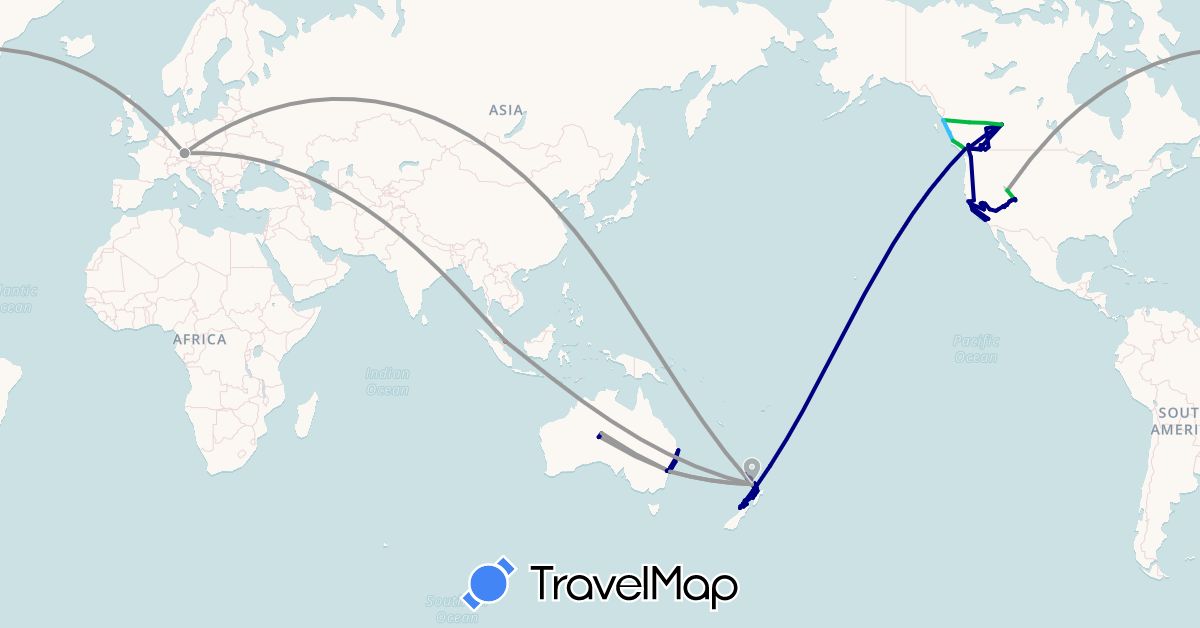 TravelMap itinerary: driving, bus, plane, cycling, hiking, boat in Australia, Canada, Germany, New Zealand, Singapore, United States (Asia, Europe, North America, Oceania)